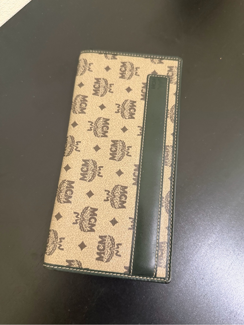 MCM Tan Canvas Wallet with Dark Green Leather Trim
